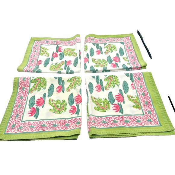 Pomegranate Cotton Napkins Set of 4 Pink & Green Frogs Lily Pads Whimsical - Picture 5 of 11